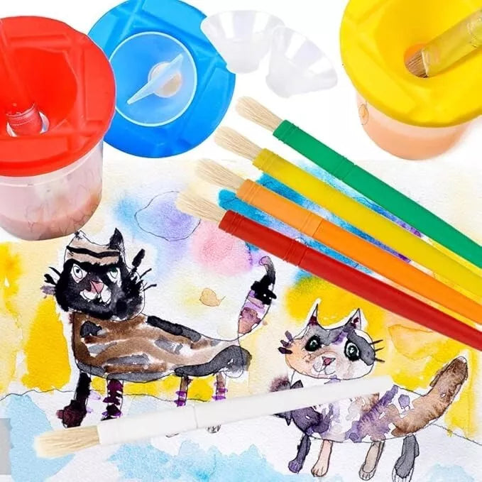 Kids Paint Pots with Lids and Paint Brushes for Children Assortment Spill Proof