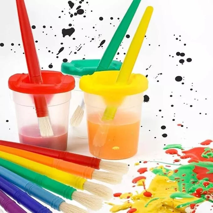 Kids Paint Pots with Lids and Paint Brushes for Children Assortment Spill Proof