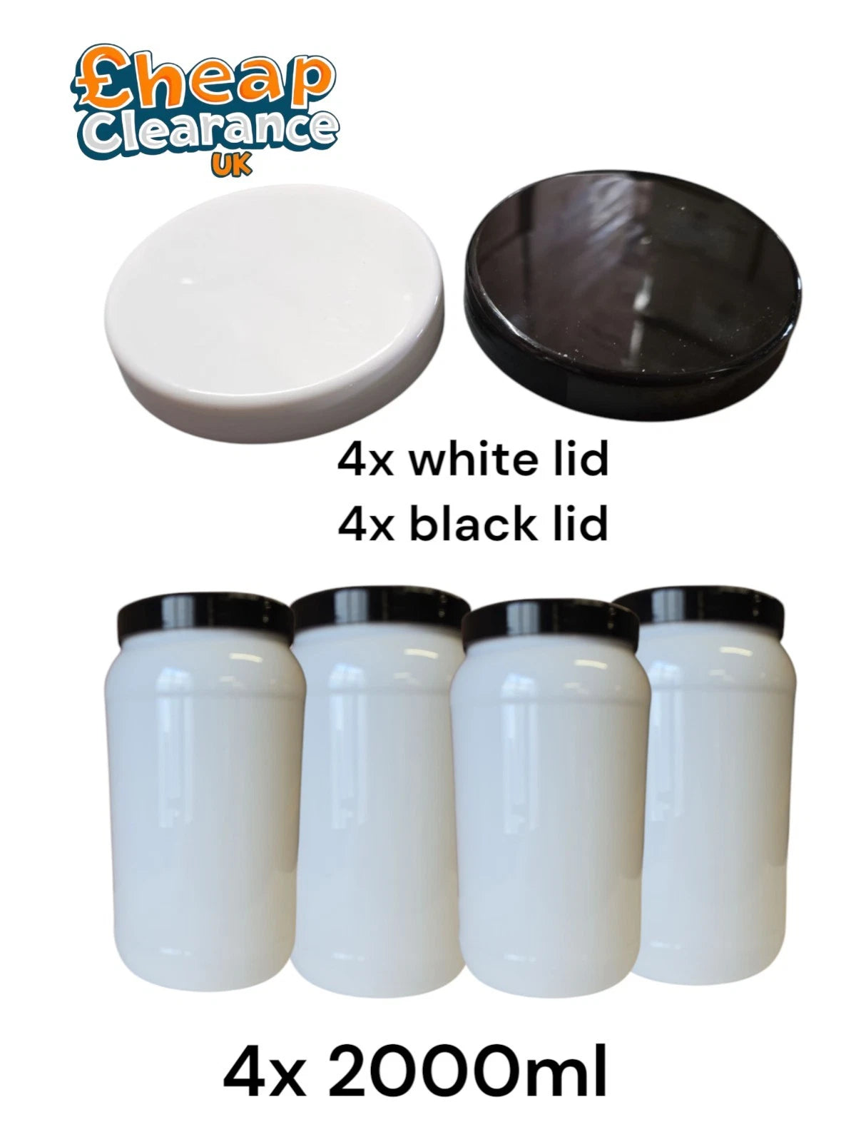 4x 2000ml Clear Round Plastic Storage Jars with White and black Lids