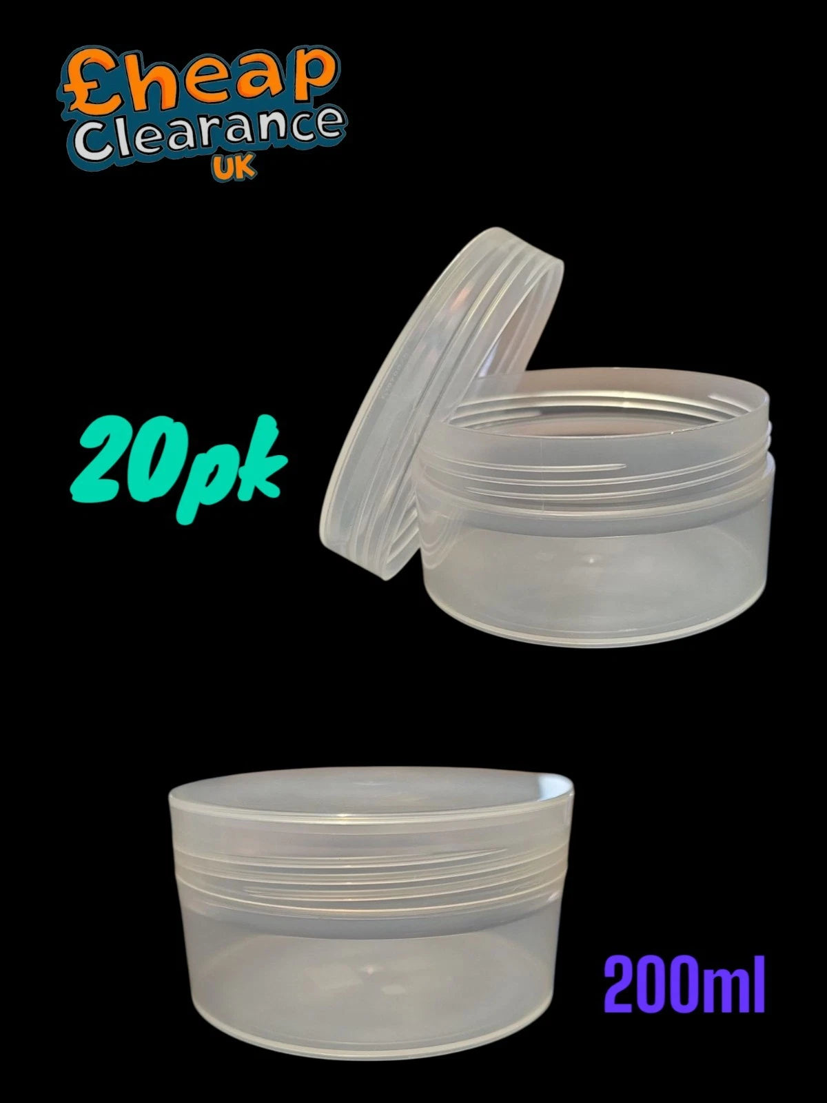 20PK PLASTIC STORAGE JARS SCREW TOP LIDS 200ml Craft/DIY Cosmetics etc BIG SALE