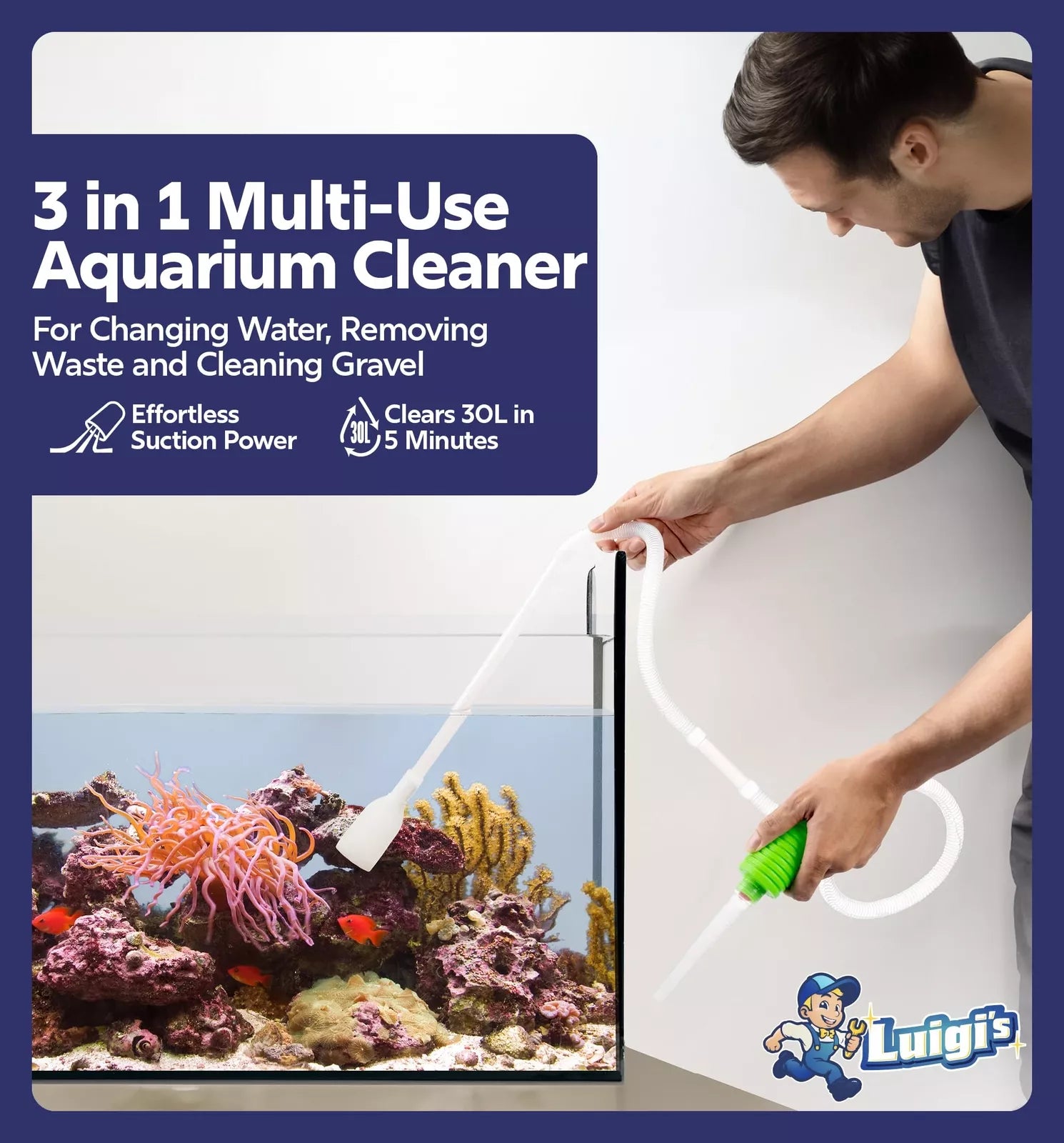 Luigi's Syphon Fish Tank Cleaner for Aquarium - Filtered Hand Vacuum Syphon Pump