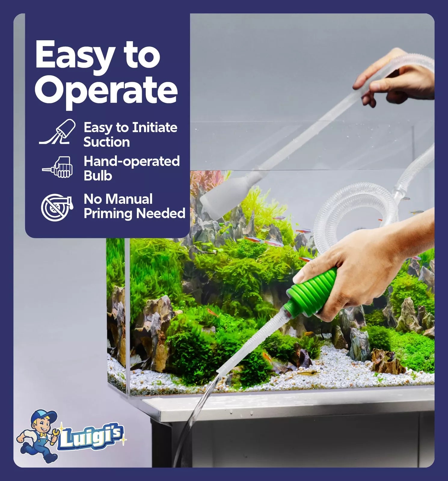 Luigi's Syphon Fish Tank Cleaner for Aquarium - Filtered Hand Vacuum Syphon Pump